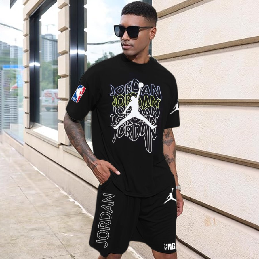 

Unisex Jumper Basketball Print Casual Short Sleeved And Shorts Black Set