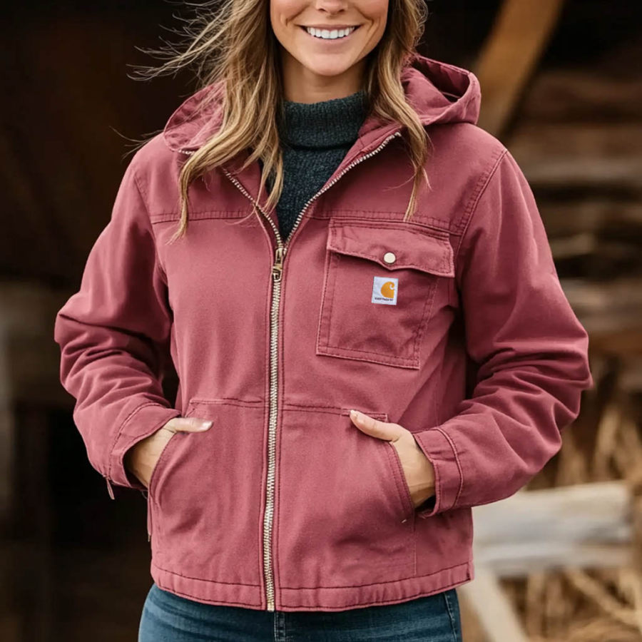 

Women's Vintage Pocket Workwear Pink Hooded Jacket