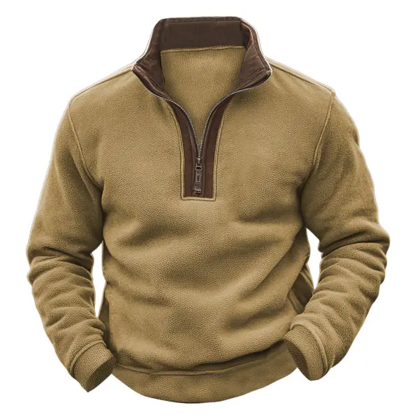 Men's Vintage Fleece Paneled Suede Quarter Zip Stand Collar Sweatshirt - Cotosen.com 