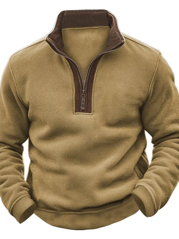 Men's Vintage Fleece Paneled Suede Quarter Zip Stand Collar Sweatshirt - Menbarn.com 