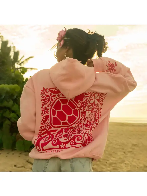 Women's Vintage Sea Turtle Protect The Locals Shell-Pink Oversized Long Sleeve Hoodie - Ootdmw.com 