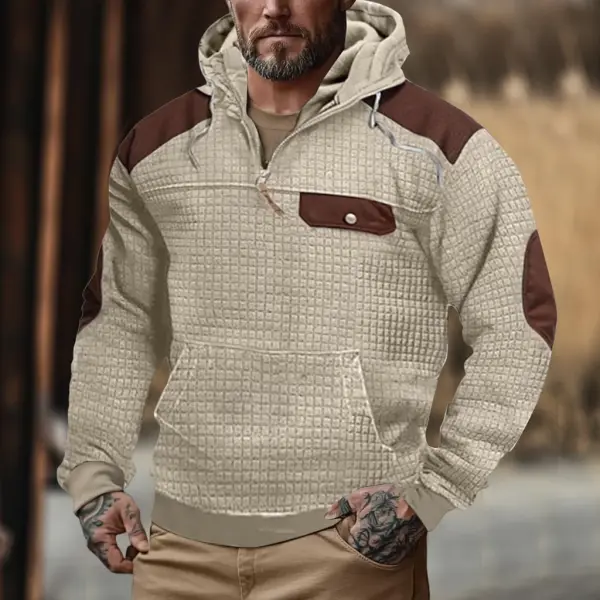 Men's Vintage Quilted Color Block Plaid Pocket Zip Hoodie - Wayrates.com 