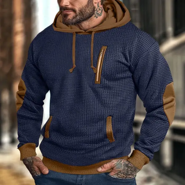 Men's Vintage Waffle Contrast Elbow Patches Pocket Hoodie - Wayrates.com 