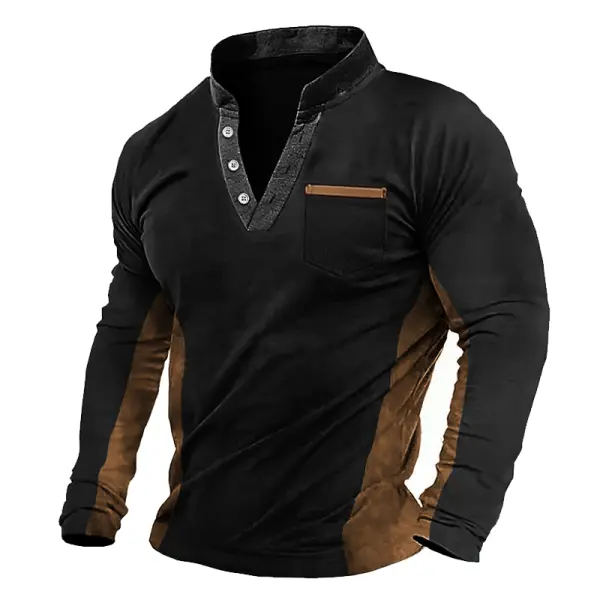 Men's Outdoor Vintage Pocket Spliced Long Sleeved T-shirt - Elementnice.com 