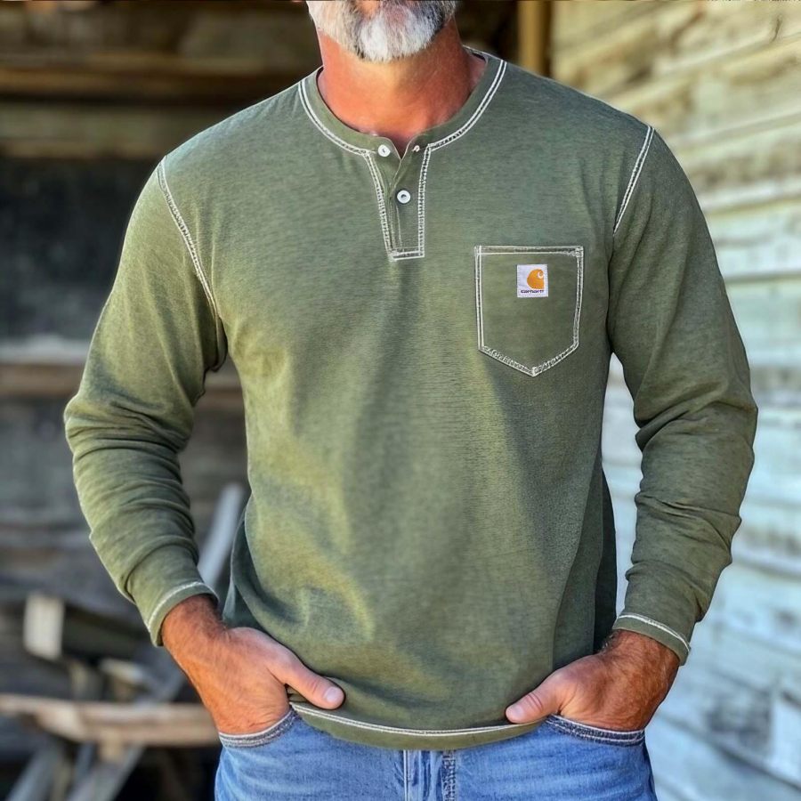 

Men's Vintage Outdoor Pocket Henley Long Sleeve T-shirt