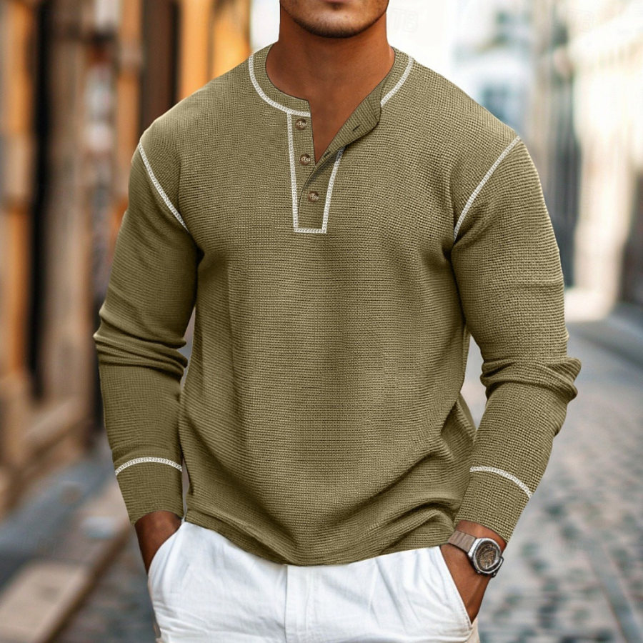 

Men's Vintage Waffle Contrast Henley Collar Long Sleeve T-shirt