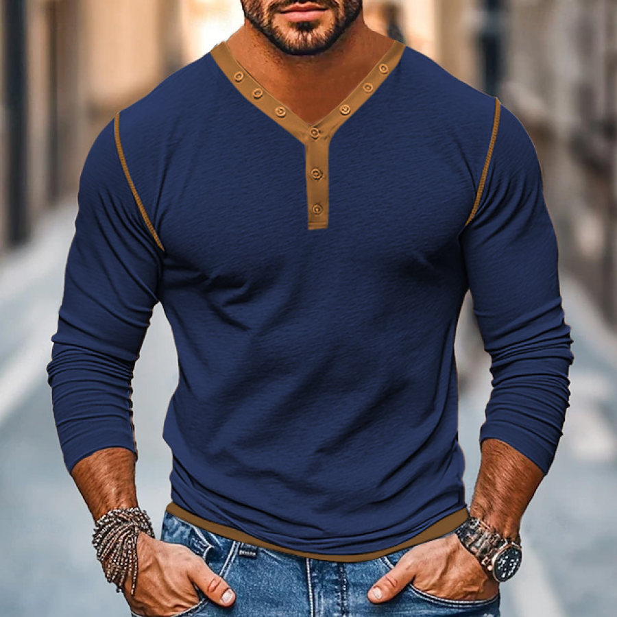 

Men's Vintage Outdoor Contrast Button Henley Long Sleeve T-shirt