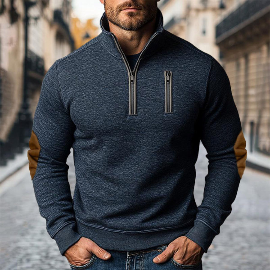 

Men's Vintage Zipper Pocket Elbow Patches Quarter-Zip Stand Collar Sweatshirt