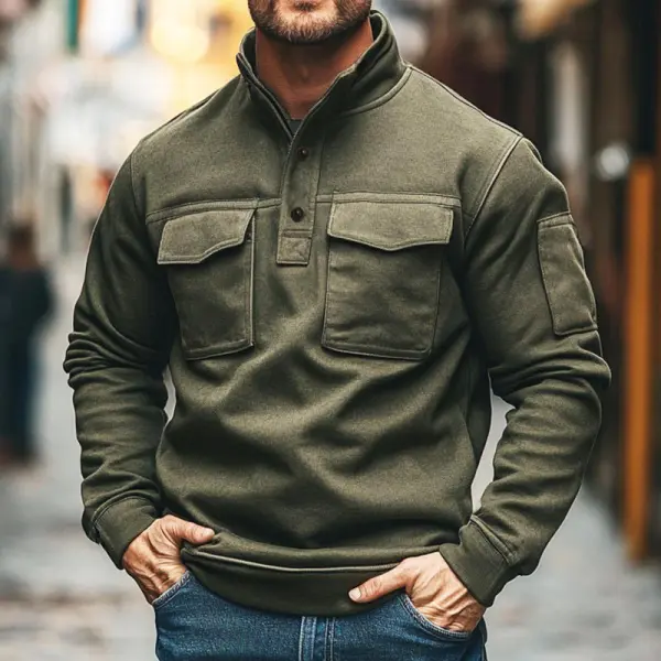 Men's Vintage Pocket Button Stand Collar Sweatshirt - Wayrates.com 