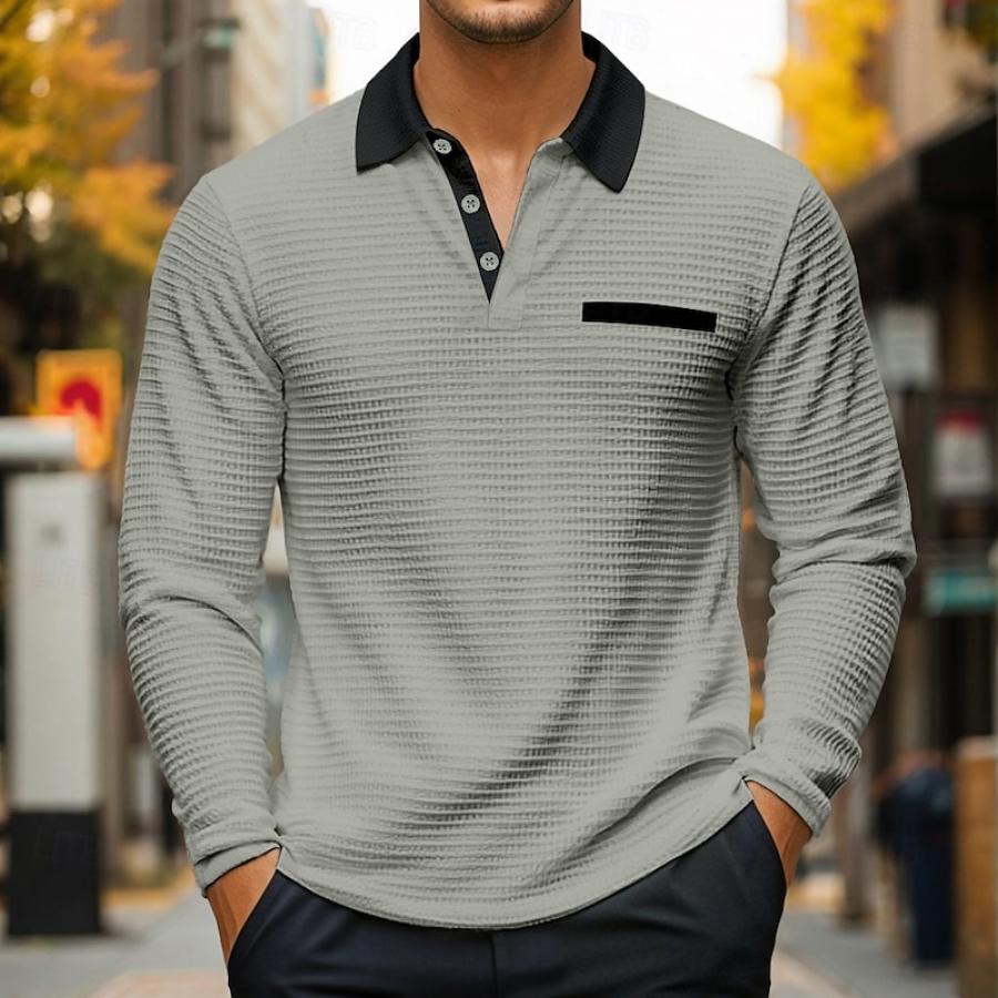 

Men's Vintage Outdoor Waffle Contrast Color Polo Long Sleeve T-shirt