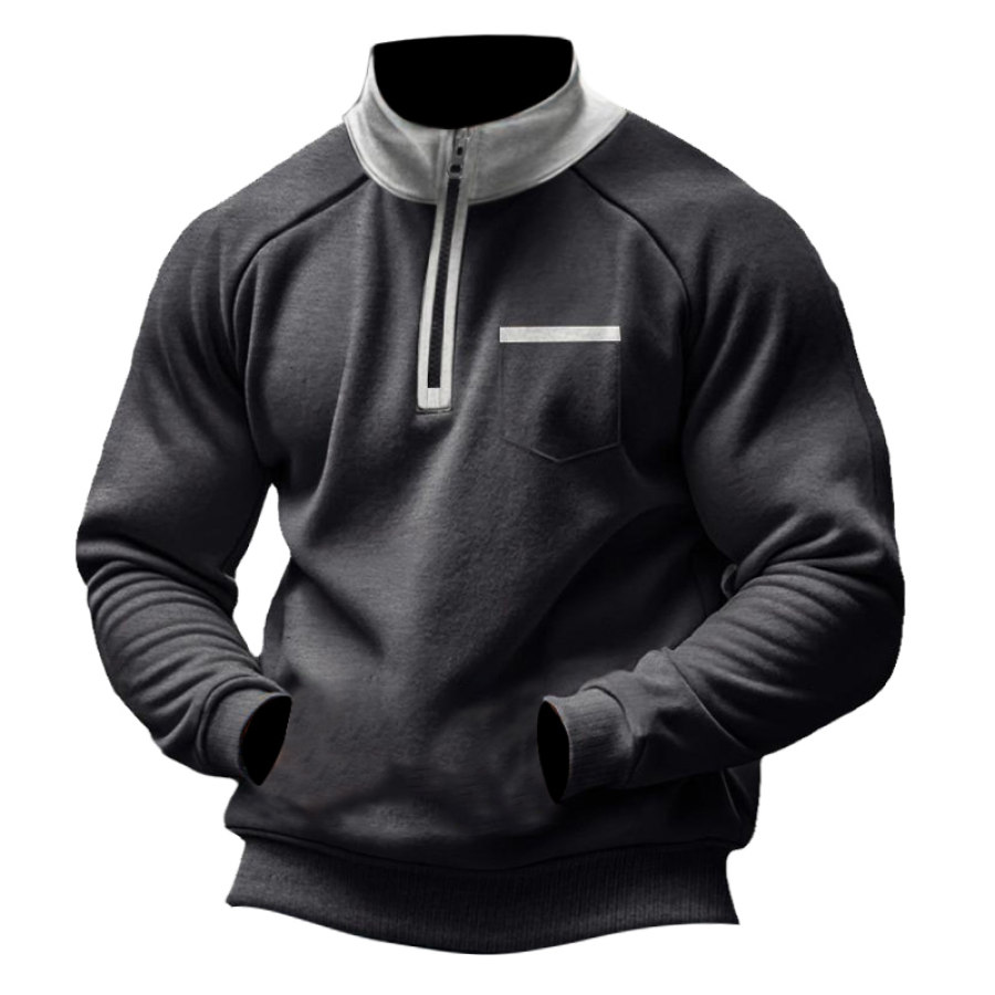 

Men's Vintage Color Block Pocket Quarter-Zip Stand Collar Sweatshirt