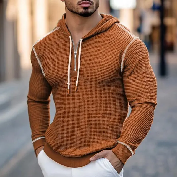 Men's Vintage Waffle Knit Long Sleeve Half Zip Hoodie - Wayrates.com 