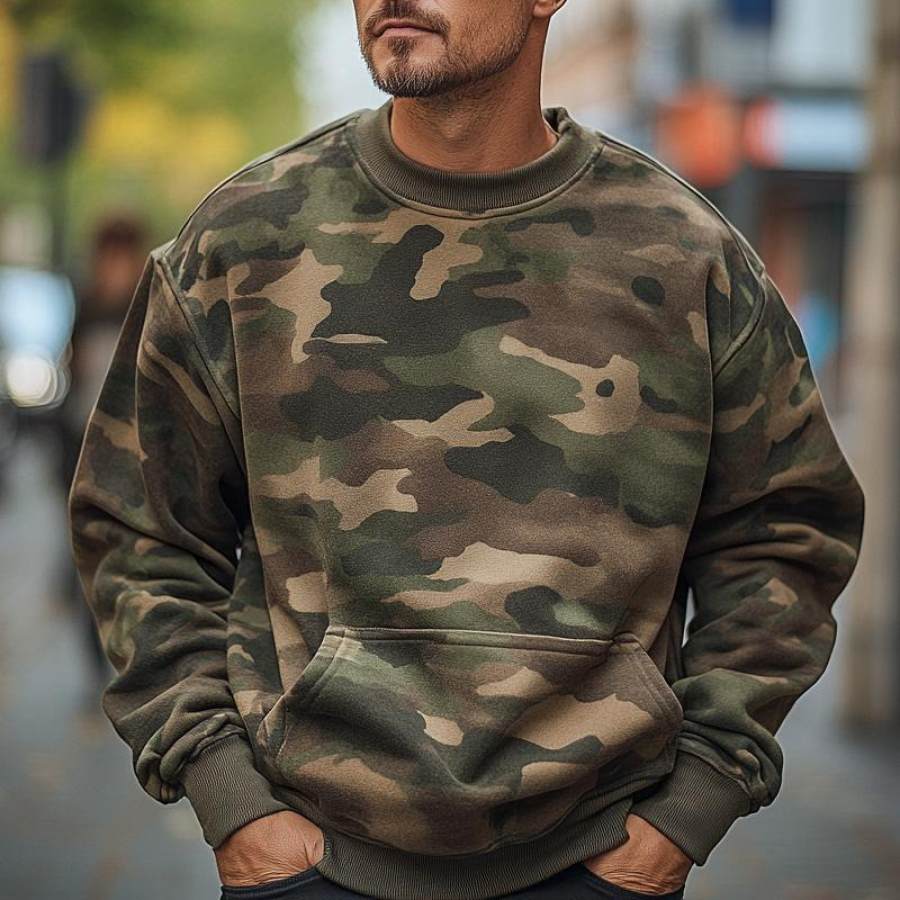 

Men's Vintage Camouflage Pocket Crew Neck Long Sleeve Sweatshirt