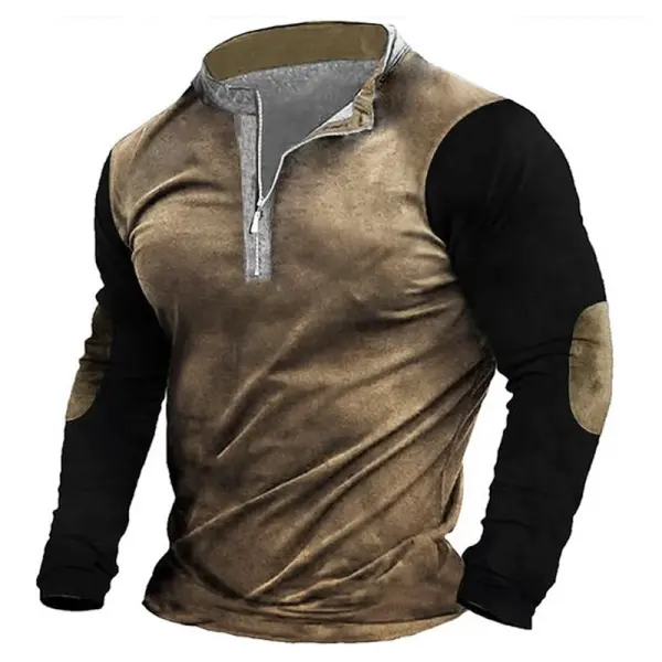 Men's Suede Patchwork Zipper Collar Long Sleeved Sweatshirt - Cotosen.com 