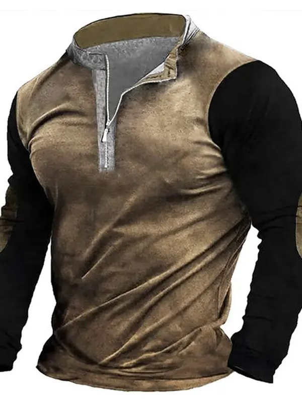 Men's Suede Patchwork Zipper Collar Long Sleeved Sweatshirt - Pragmaace.com 