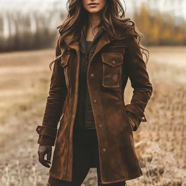 Women's Vintage Suede Lapel Collar Mid-Length Coat Jacket - Cotosen.com 