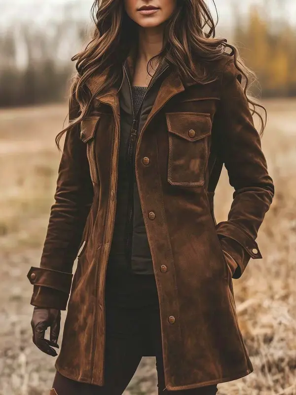 Women's Vintage Suede Lapel Collar Mid-Length Coat Jacket - Wantbright.com 