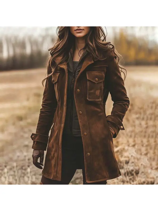 Women's Vintage Suede Lapel Collar Mid-Length Coat Jacket - Cominbuy.com 