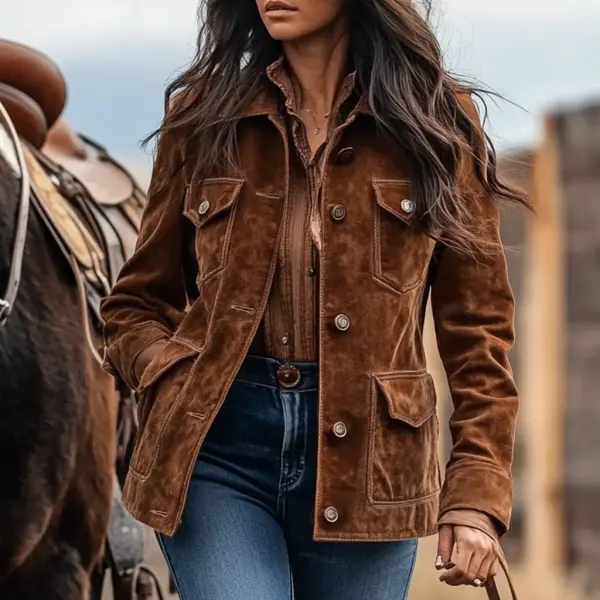 Women's Vintage Suede Multi-Pocket Lapel Collar Jacket - Cotosen.com 