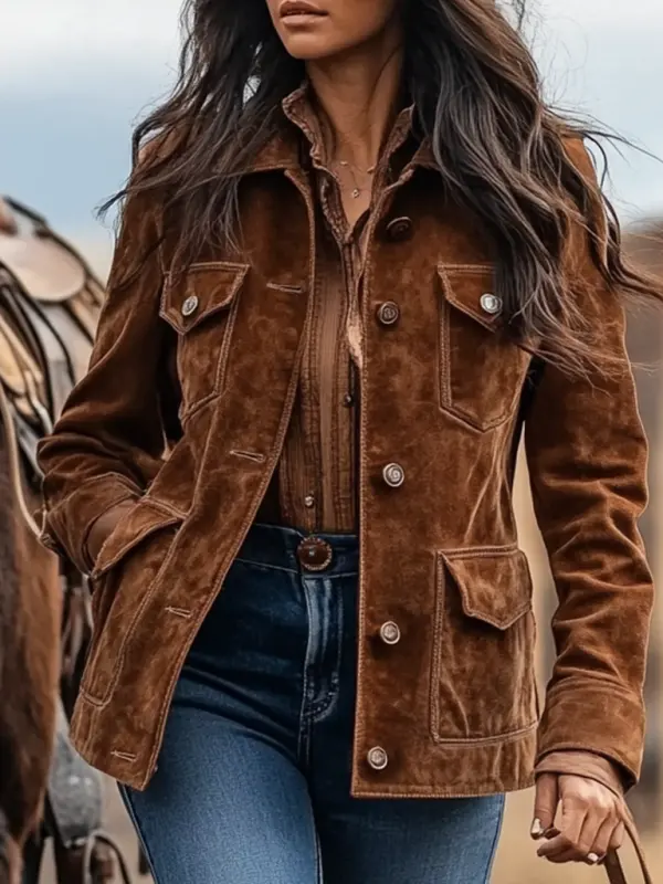 Women's Vintage Suede Multi-Pocket Lapel Collar Jacket - Pragmaace.com 