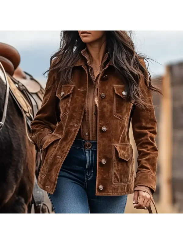 Women's Vintage Suede Multi-Pocket Lapel Collar Jacket - Cominbuy.com 