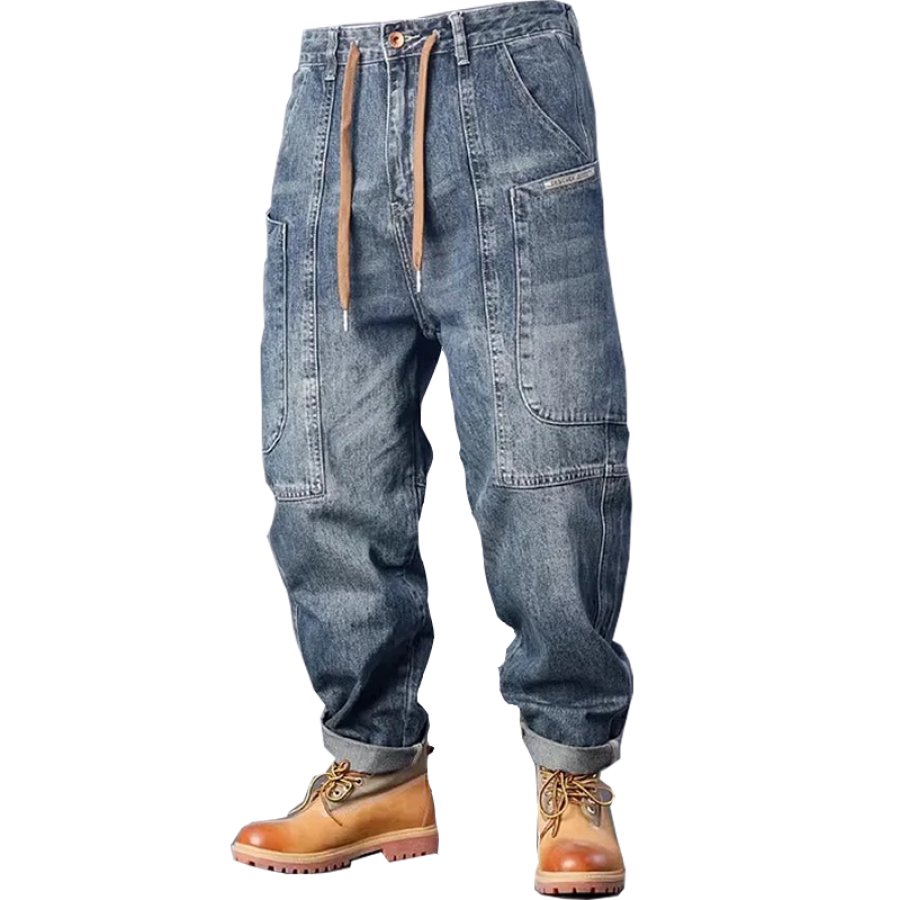 

Men's Drawstring Distressed Washed Cargo Pocket Jeans