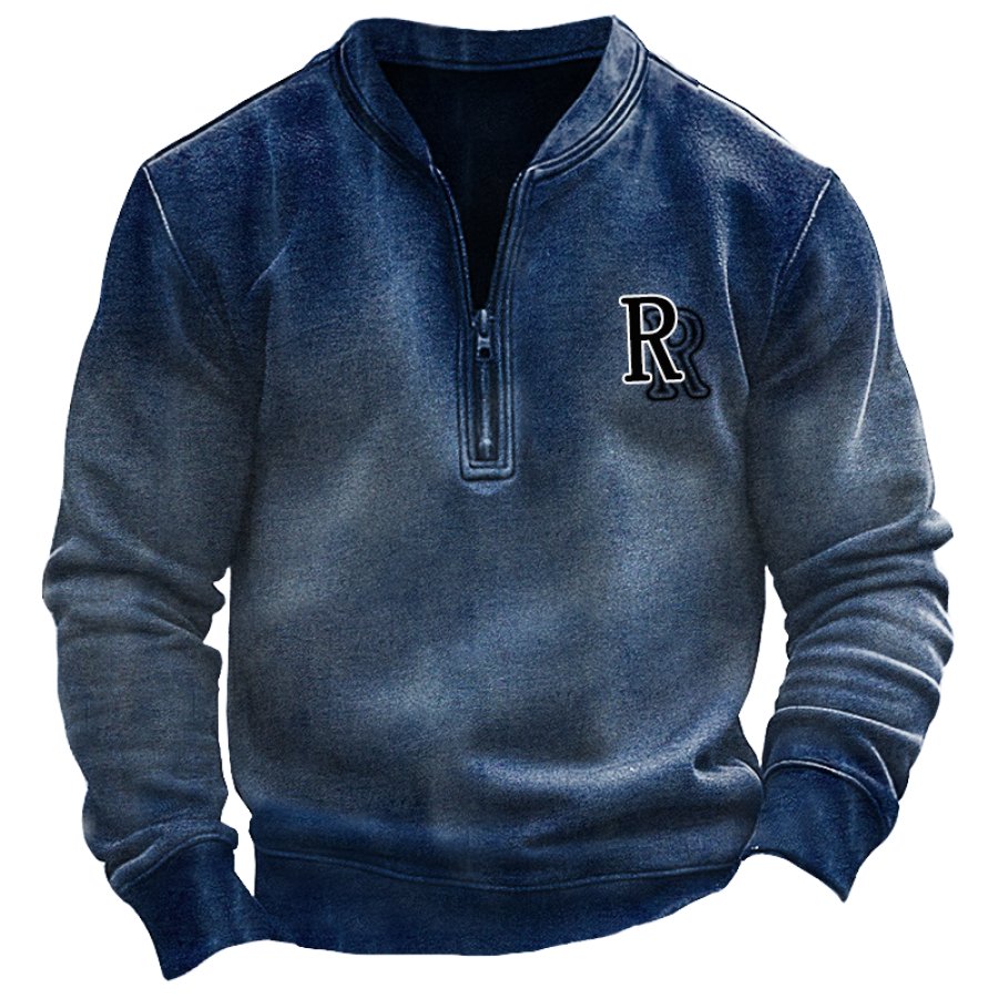 

Men's Vintage Distressed Quarter Zip Neck Letter R Printed Sweatshirt