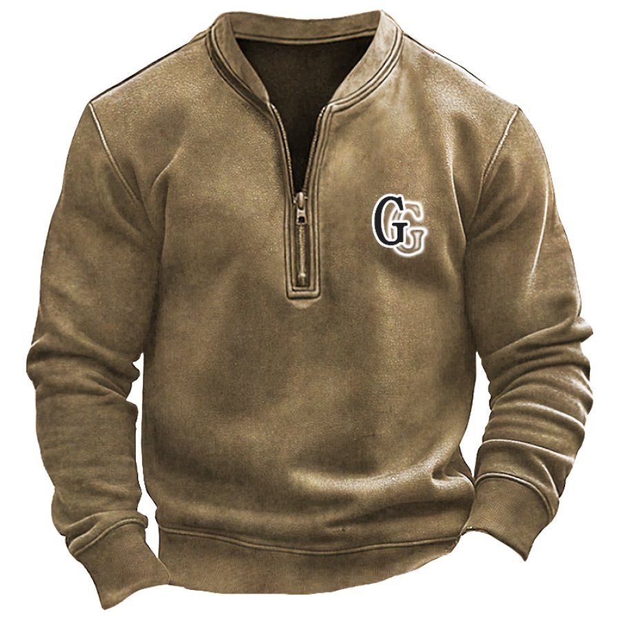 

Men's Vintage Quarter Zip Neck Letter G Printed Distressed Sweatshirt