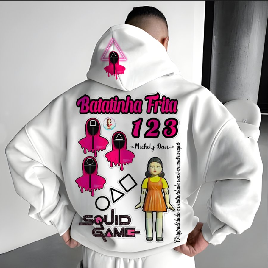 

Unisex Leisure Oversize 123 Squid Game 2 Print Street Wear White Hoodie