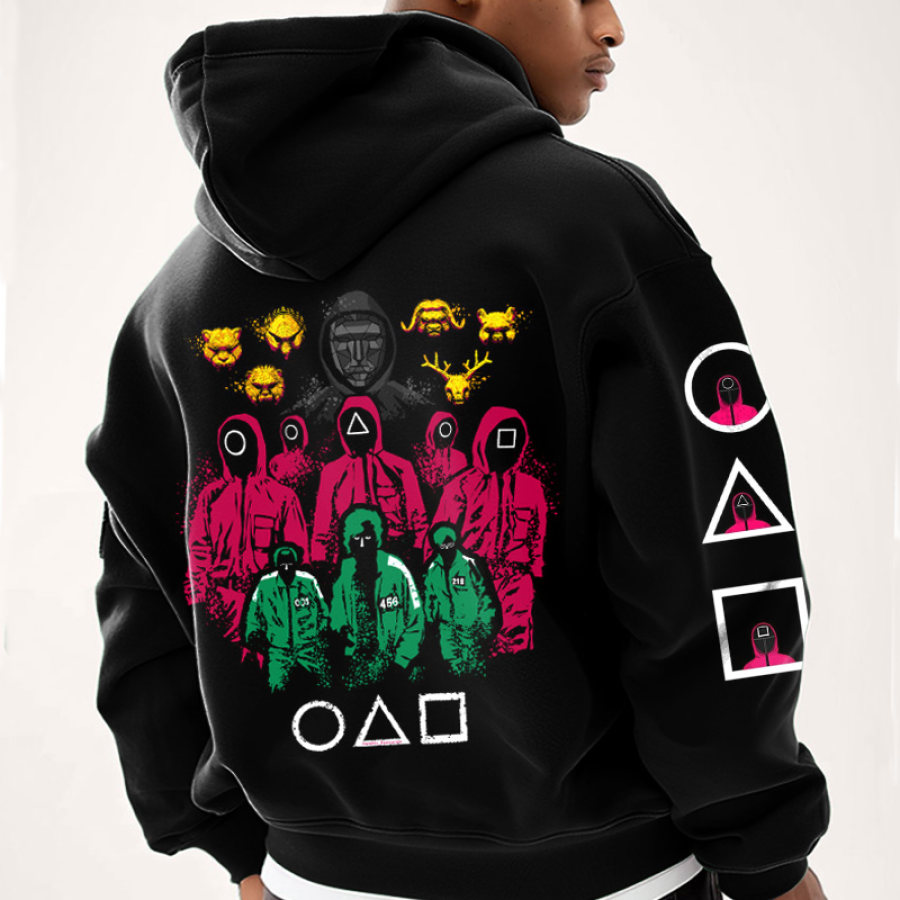 

Men's Vintage Squid Game Print Pocket Long Sleeve Oversized Hoodie
