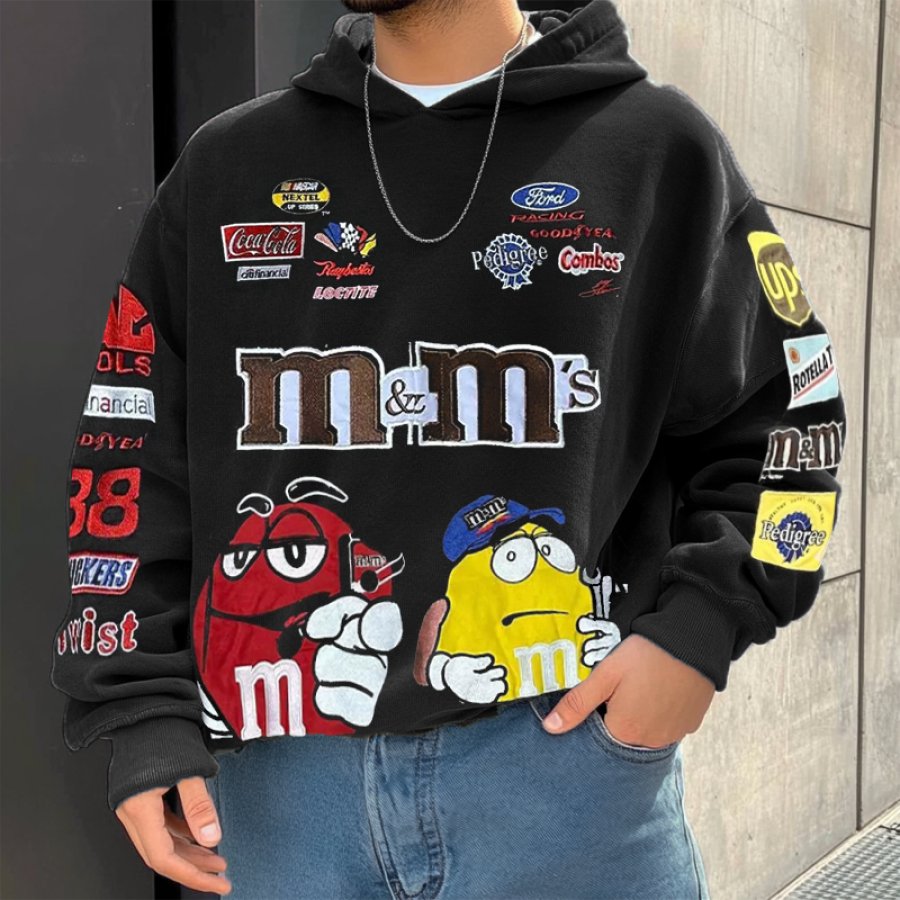 

Unisex Retro Racing M&M Print Army Green Oversized Hoodie