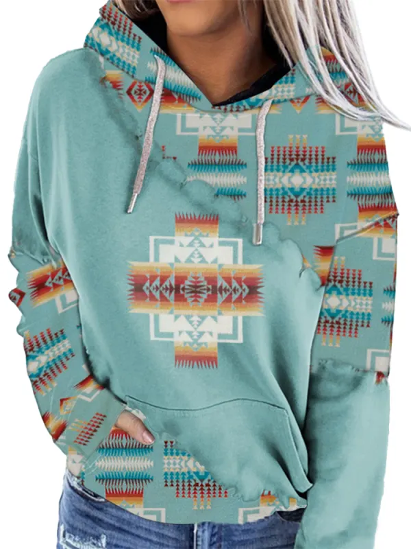 Women's Vintage Ethnic Print Hooded Sweatshirt - Pragmaace.com 