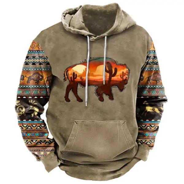 Men's Ethnic Geometric Western Buffalo Print Hoodie - Elementnice.com 
