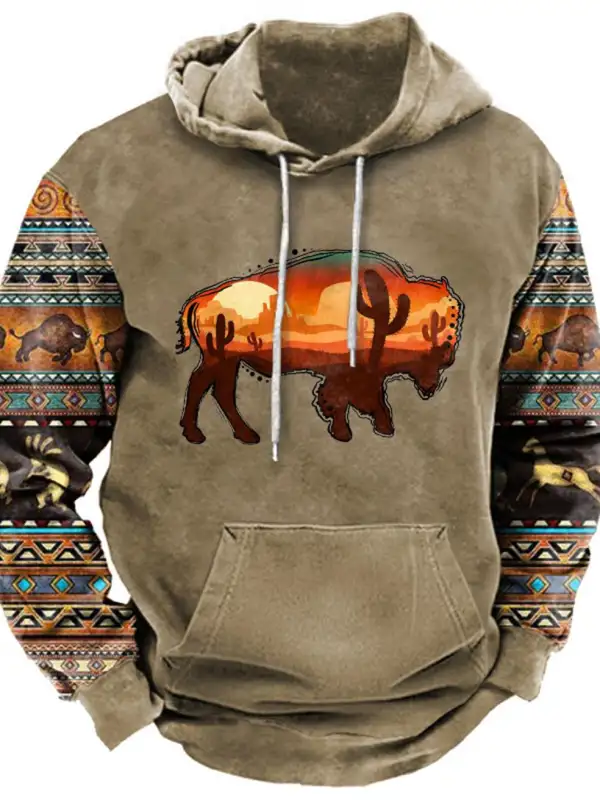 Men's Ethnic Geometric Western Buffalo Print Hoodie - Menbarn.com 