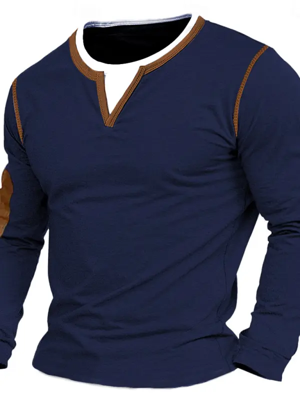 Men's Vintage Outdoor Contrast Color Crew Neck Long Sleeve T-shirt - Menbarn.com 