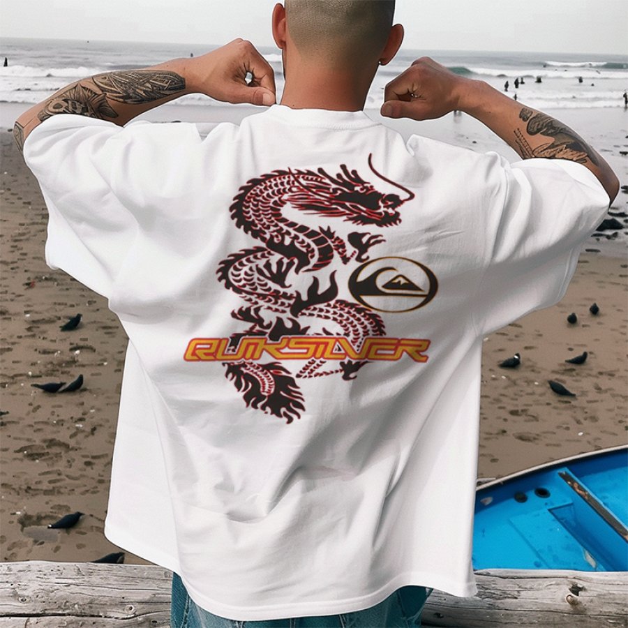 

Unisex Oversized Luck Dragon Print Short Sleeve White T-shirt