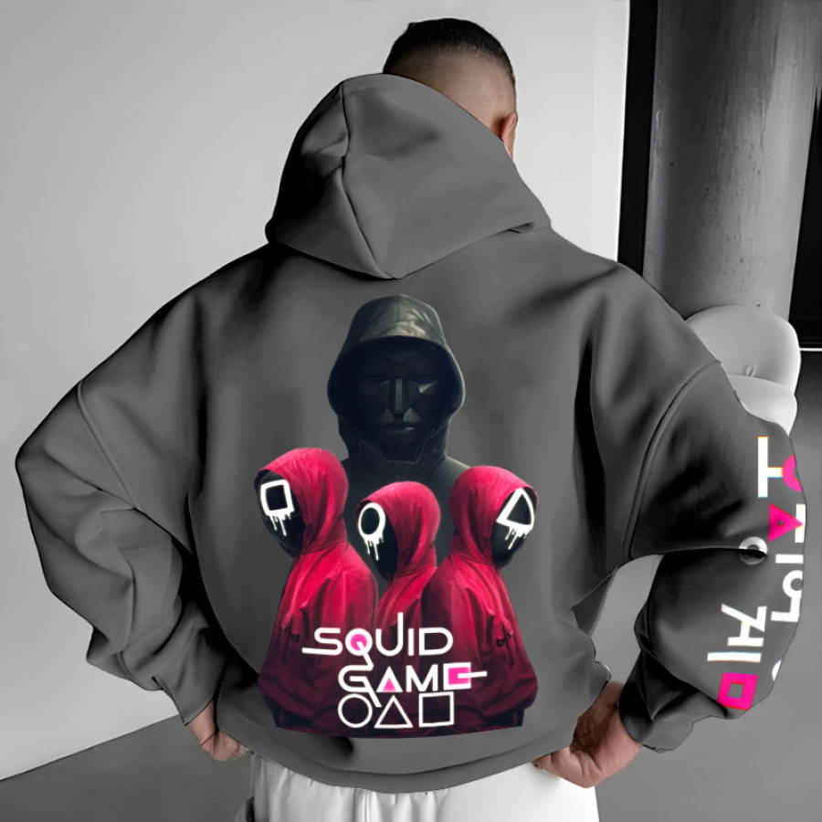 

Men's Vintage Squid Game Print Pocket Long Sleeve Oversized Hoodie