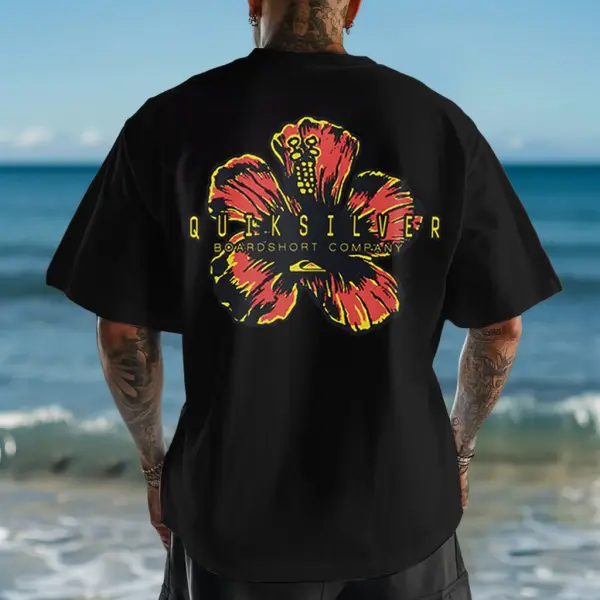 Unisex Quiksilver Hibiscus Surf Print Short Sleeve Oversized T-shirt - Ootdyouth.com 