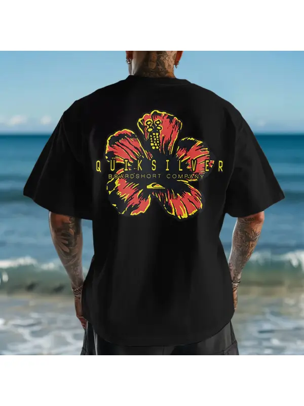 Unisex Quiksilver Hibiscus Surf Print Short Sleeve Oversized T-shirt - Shopyiyistories.com 