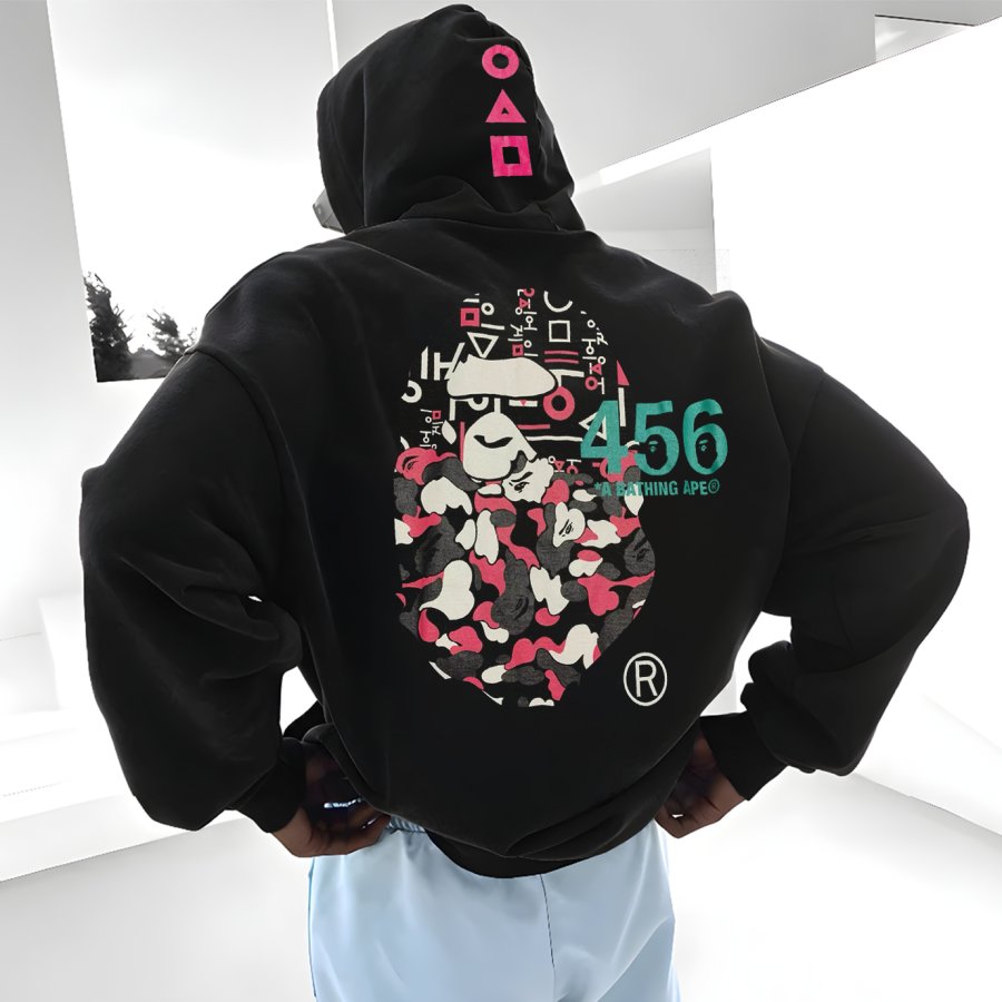 

Unisex Oversized Aepe&Squid Game 2 Print Casual Black Hoodie
