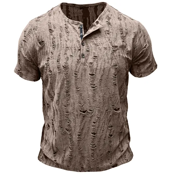 Men's Vintage Texture Jacquard Raw Edge Henley Collar T-shirt Only $23.99 - Cotosen.com 