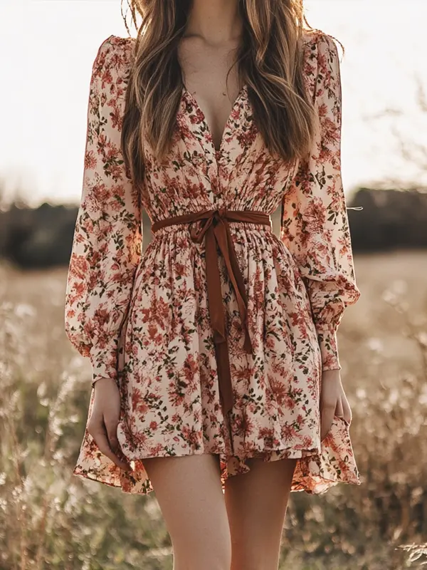 Women's Bohemian Floral Fold V-neck Dress For Vacation Travel Only ر.ق136.99 - Menbarn.com 