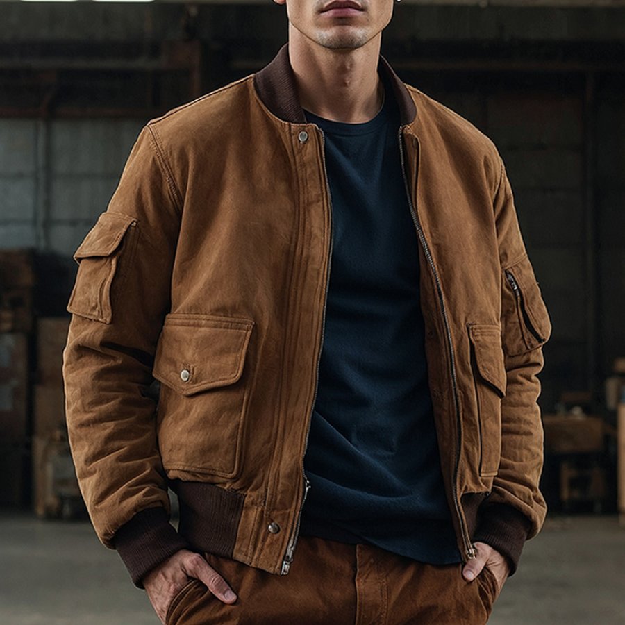 

Men's Vintage Zip Pocket Suede Color Block Jacket