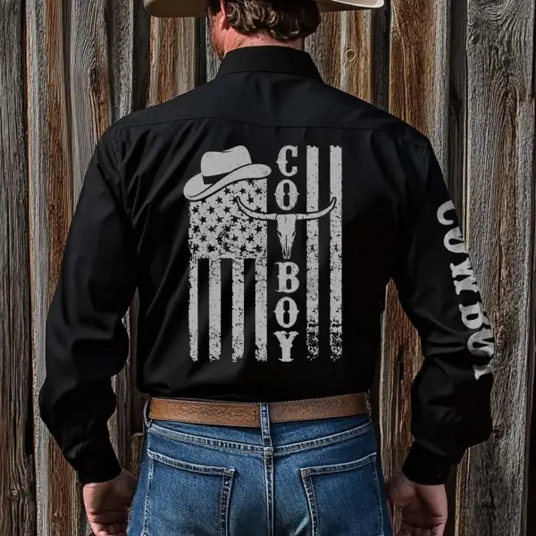 Men's Vintage Western Cowboy American Flag Long Sleeve Rodeo Shirts - Menzfolk.com 