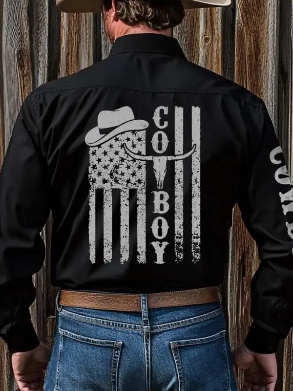 Men's Vintage Western Cowboy American Flag Long Sleeve Rodeo Shirts - Pragmaace.com 