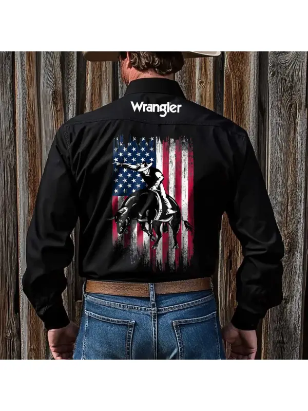 Men's Vintage PBR Western Cowboy Rodeo Bull Rider American Flag Long Sleeve Rodeo Shirts - Aptkoi.com 