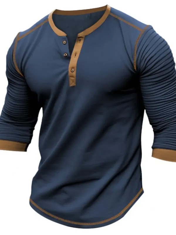 Men's Vintage Outdoor Contrast Color Pleated Long Sleeve Henley T-shirt - Menbarn.com 