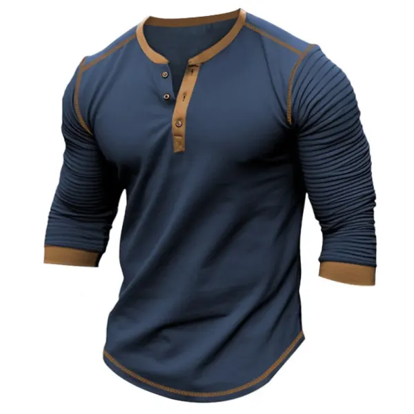 Men's Vintage Outdoor Contrast Color Pleated Long Sleeve Henley T-shirt - Zivinfo.com 