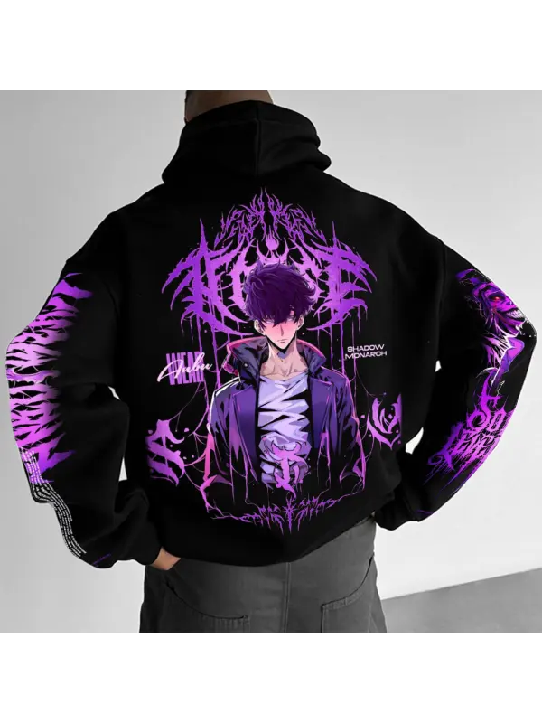 Unisex Anime Print Casual Oversize Black Hoodie - Aptkoi.com 