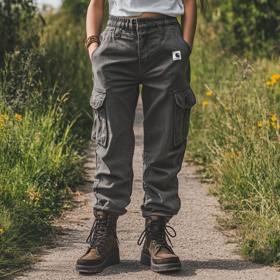 

Women's Outdoor Leisure Multi Pocket Retro Distressed Gray Pants
